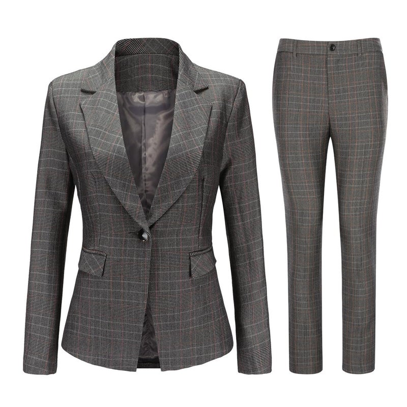 YUNCLOS Women's Vintage 2 Piece Plaid Suit Set 1 Button Stylish Blazer and Pants Gray - Image 1
